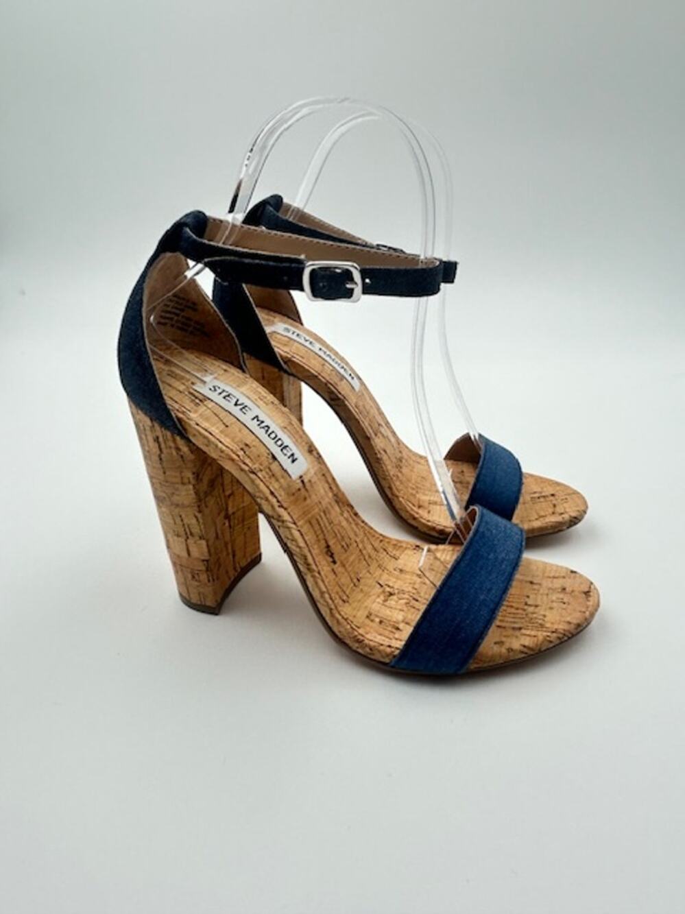 Steve Madden Denim Carson Cork Block Heel Sandals Size 7 Coastal Chic Resortcore